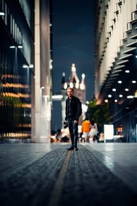 man in black jacket and black pants walking on street during night time 晚上穿着黑夹克和黑裤子走在街上的男人