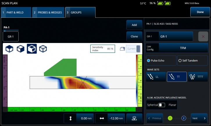 OmniScan X3 scan plan in TFM showing the Acoustic Influence Map (AIM)