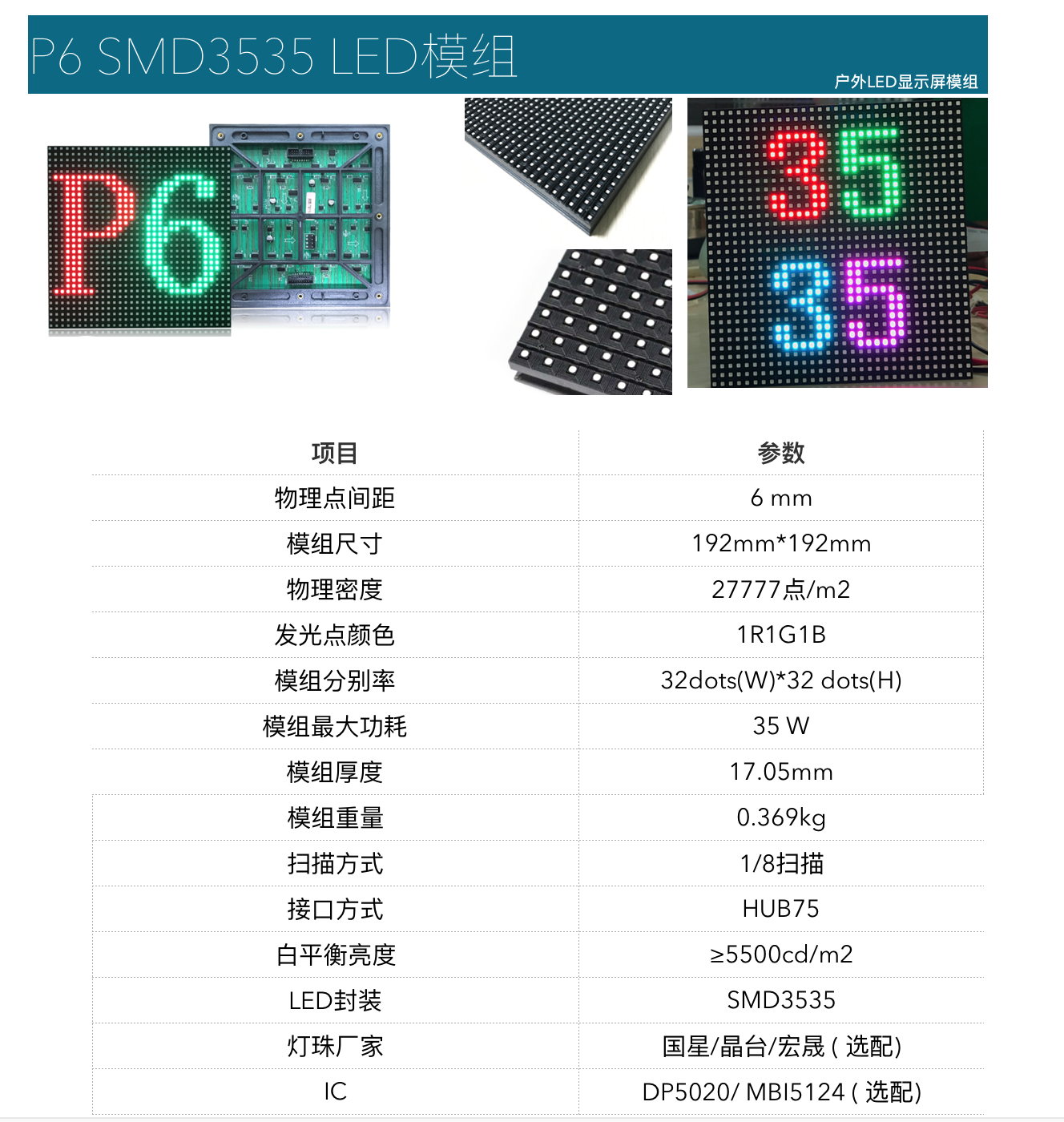 晟科P6 SMD3535 LED模组参数表